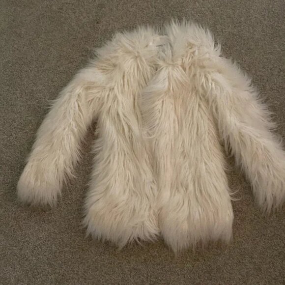 Bebe XS white shaggy Mongolian fur coat jacket - Picture 1 of 6